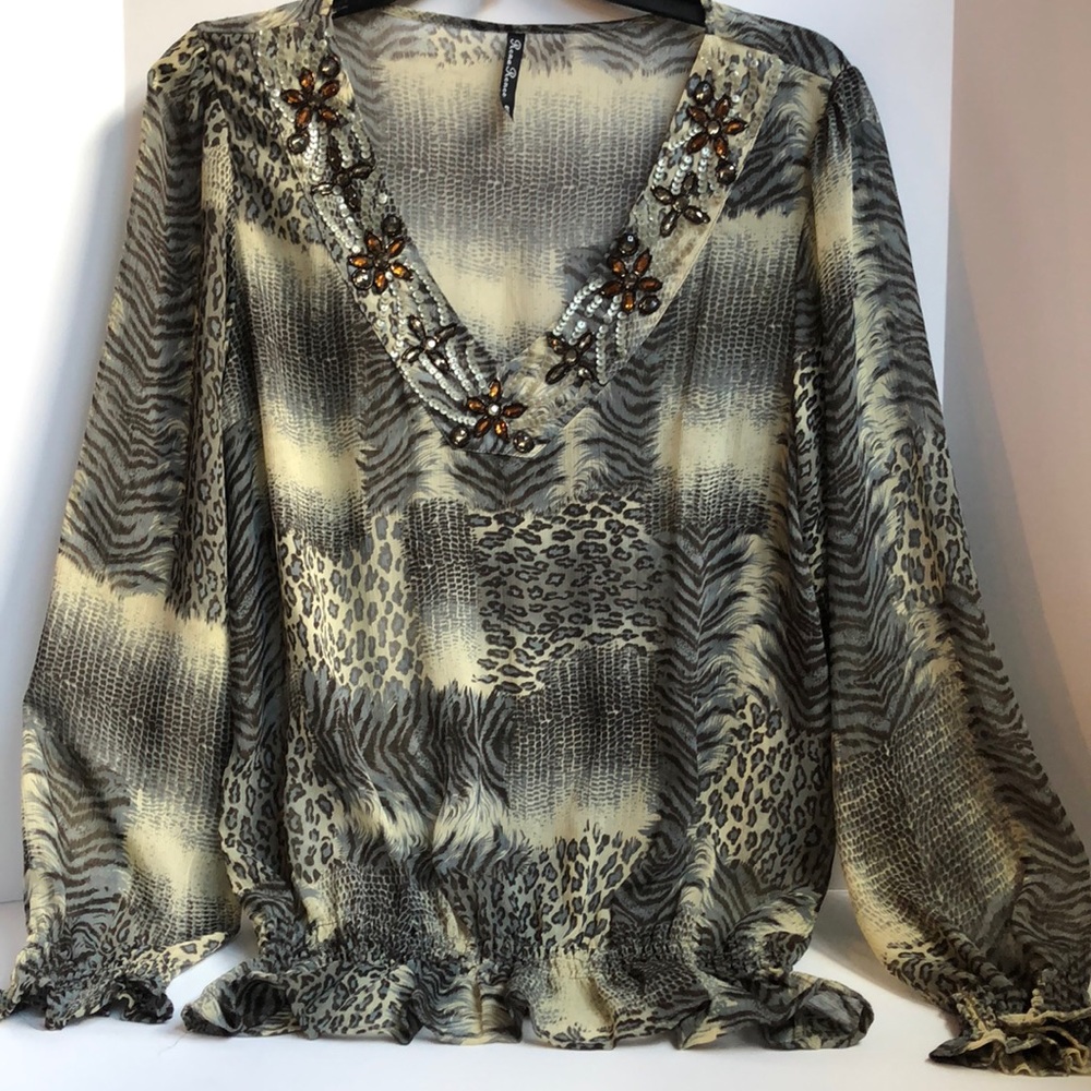 Rena Renee sheer print blouse with sequins size Small